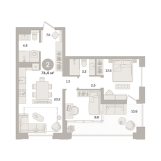 Квартира 74,4 м², 2-комнатная - изображение 2