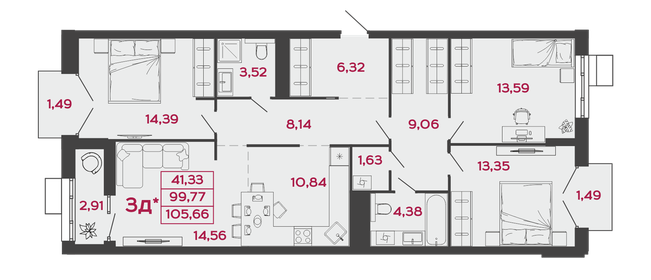 Квартира 105,7 м², 3-комнатная - изображение 1