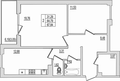 Квартира 67,8 м², 2-комнатная - изображение 1