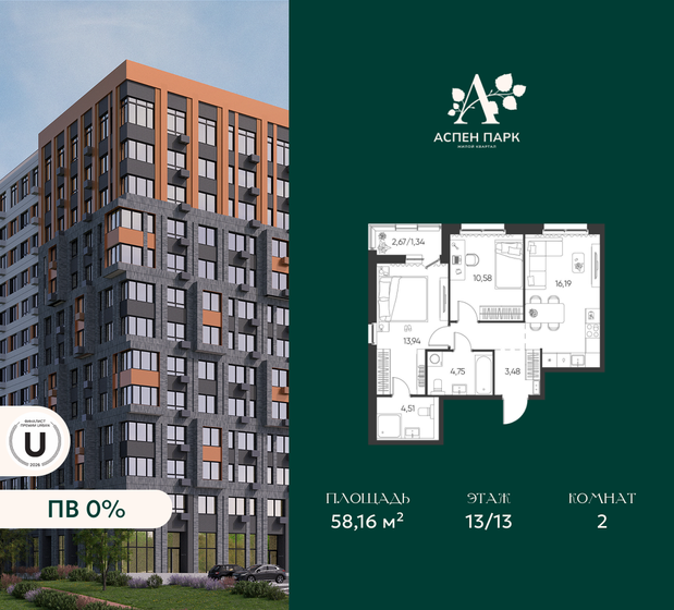 58,2 м², 2-комнатная квартира 9 999 954 ₽ - изображение 1