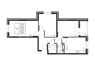 Квартира 63,4 м², 3-комнатная - изображение 1