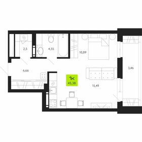 Квартира 45,4 м², 1-комнатная - изображение 1