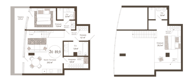 Квартира 89,9 м², 2-комнатные - изображение 1