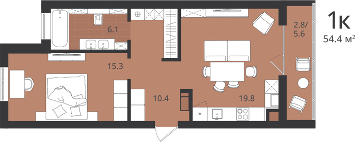 Квартира 54,4 м², 1-комнатная - изображение 1