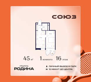 Квартира 45 м², 1-комнатная - изображение 1