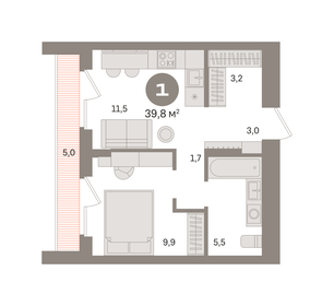 Квартира 39,8 м², 1-комнатная - изображение 1