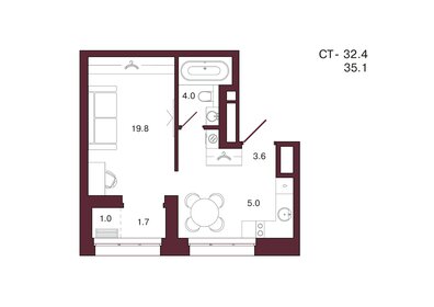 Квартира 35,1 м², 1-комнатная - изображение 1