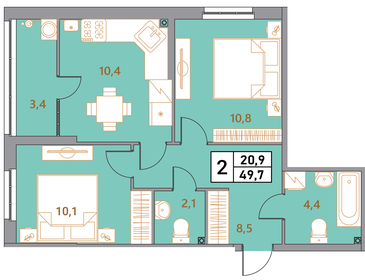 Квартира 49,7 м², 2-комнатная - изображение 1