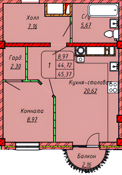 45 м², 1-комнатная квартира 6 550 000 ₽ - изображение 66
