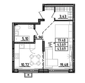 Квартира 43,7 м², 1-комнатная - изображение 1