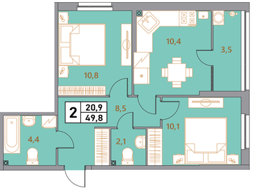 Квартира 49,8 м², 2-комнатная - изображение 1