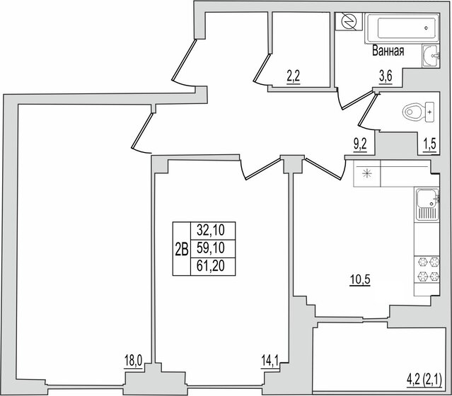 57,5 м², 2-комнатная квартира 5 705 500 ₽ - изображение 14