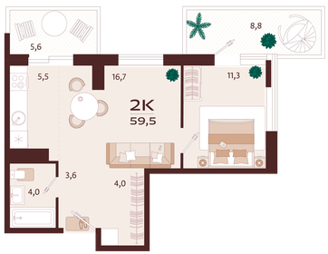 Квартира 59,5 м², 2-комнатная - изображение 1