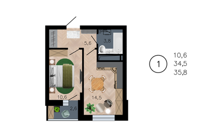 Квартира 35,8 м², 1-комнатная - изображение 1