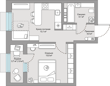 Квартира 37,1 м², 1-комнатная - изображение 1