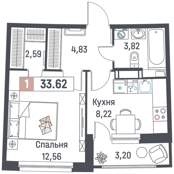33,6 м², 1-комнатная квартира 5 954 102 ₽ - изображение 1