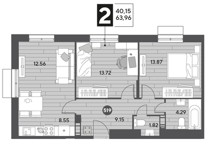 Квартира 64 м², 2-комнатная - изображение 1