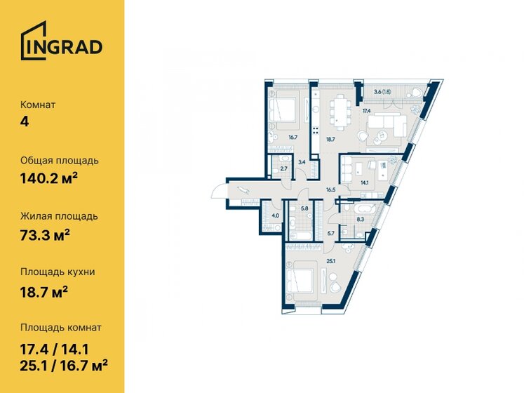 140,2 м², 4-комнатная квартира 99 261 600 ₽ - изображение 1