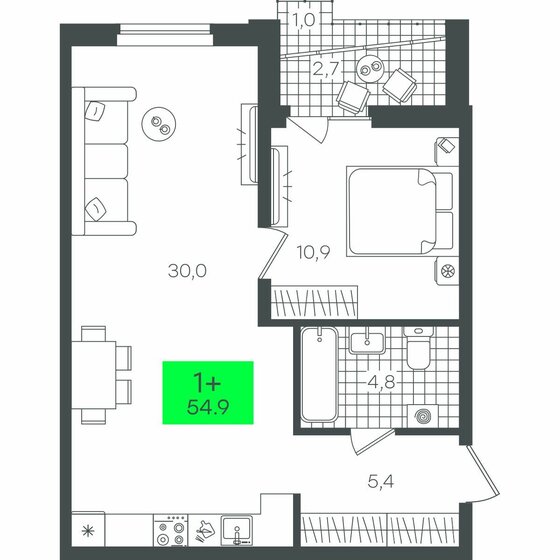 55 м², 1-комнатная квартира 6 610 000 ₽ - изображение 1