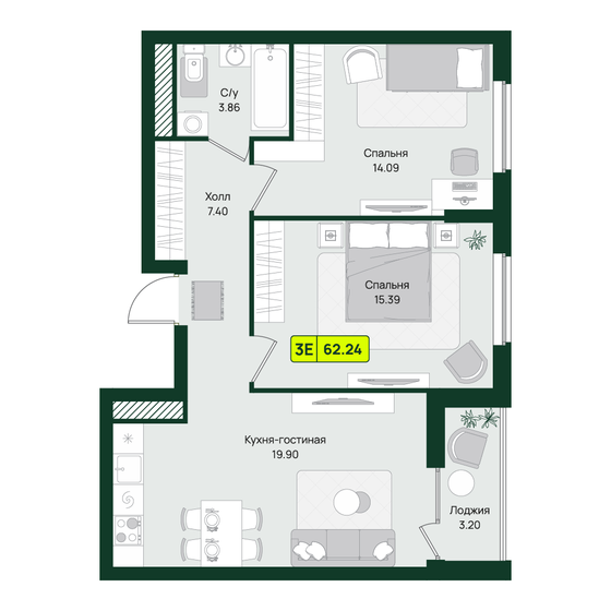 60,4 м², 2-комнатная квартира 7 760 496 ₽ - изображение 3