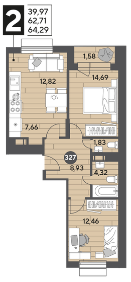 64,3 м², 2-комнатная квартира 9 424 914 ₽ - изображение 1