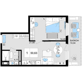 Квартира 50,6 м², 1-комнатные - изображение 1