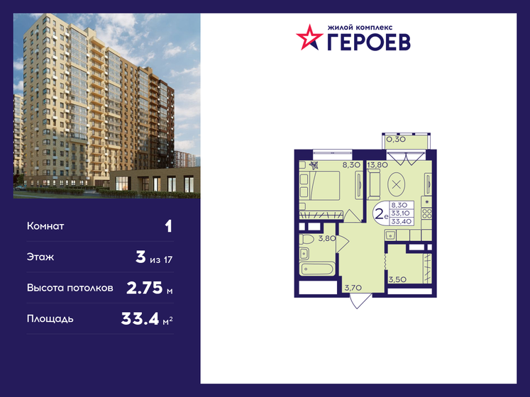 33,4 м², 1-комнатная квартира 6 132 240 ₽ - изображение 1