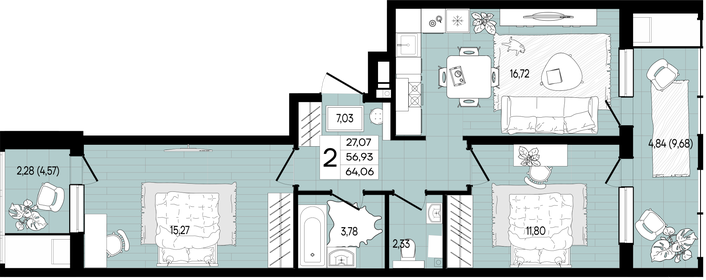 62,3 м², 2-комнатная квартира 7 500 920 ₽ - изображение 39