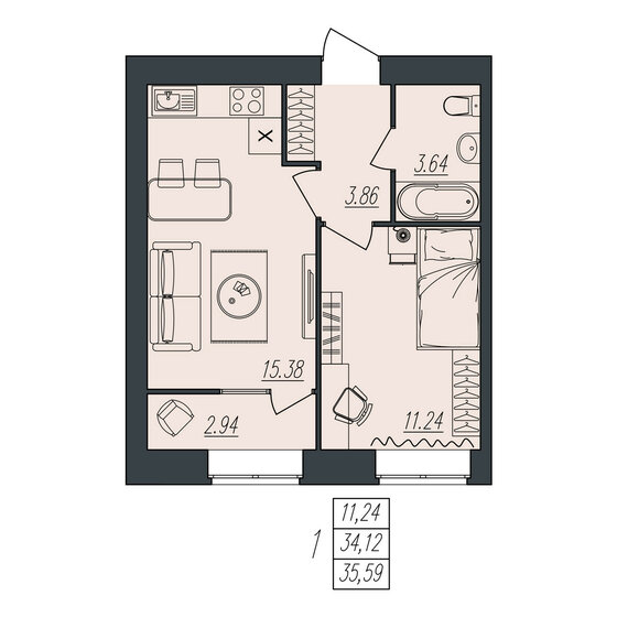 35,6 м², 1-комнатная квартира 3 477 143 ₽ - изображение 1