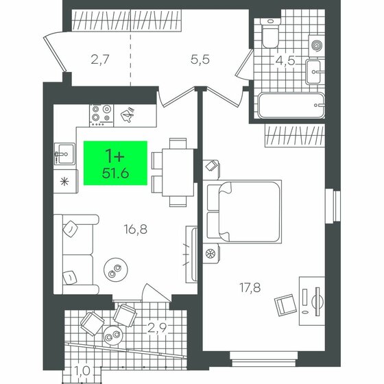 51,6 м², 1-комнатная квартира 6 310 000 ₽ - изображение 1