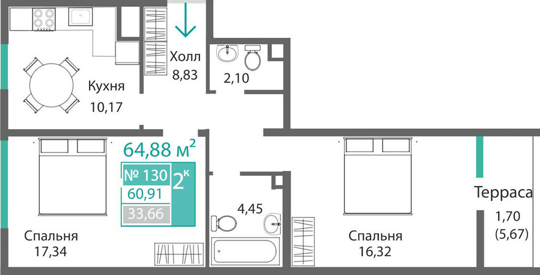 60,9 м², 2-комнатная квартира 9 185 700 ₽ - изображение 1