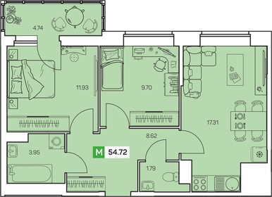 Квартира 54,7 м², 2-комнатная - изображение 1