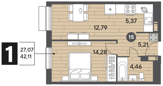 Квартира 42,1 м², 1-комнатная - изображение 1