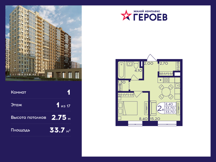 33,7 м², 1-комнатная квартира 6 303 585 ₽ - изображение 1