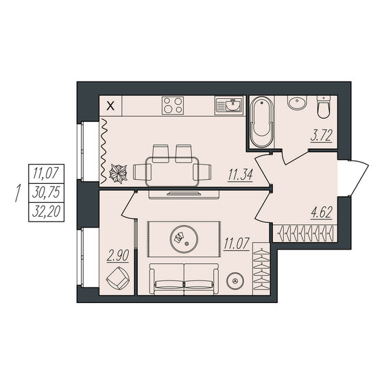 32,2 м², 1-комнатная квартира 3 220 000 ₽ - изображение 1