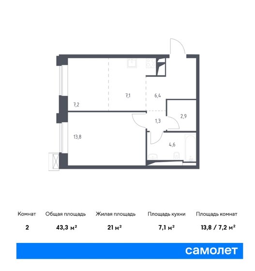 43,3 м², 2-комнатные апартаменты 18 383 652 ₽ - изображение 1