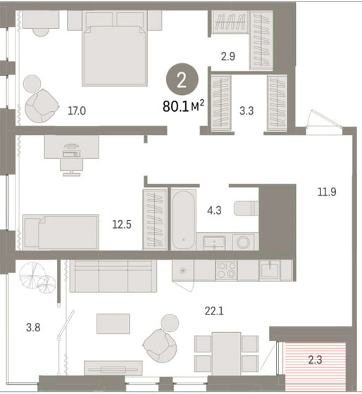 80,1 м², 2-комнатная квартира 11 300 000 ₽ - изображение 1