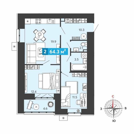 64,3 м², 2-комнатная квартира 5 468 400 ₽ - изображение 1