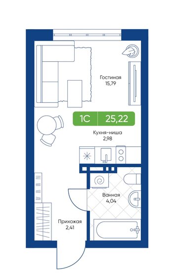 25,2 м², 1-комнатная квартира 4 350 000 ₽ - изображение 1