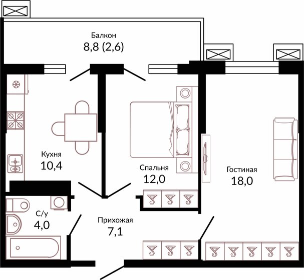 54,1 м², 2-комнатная квартира 7 103 330 ₽ - изображение 1