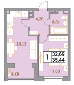 Квартира 35,4 м², 1-комнатная - изображение 1