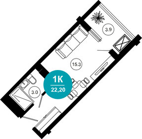 Квартира 22,2 м², 1-комнатные - изображение 1