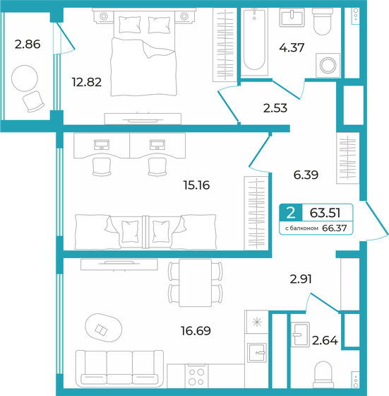 63,5 м², 2-комнатная квартира 8 380 000 ₽ - изображение 1