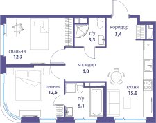 Квартира 57,6 м², 2-комнатная - изображение 1