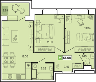 Квартира 56 м², 2-комнатная - изображение 1