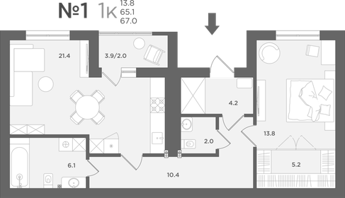 Квартира 65,1 м², 1-комнатная - изображение 1