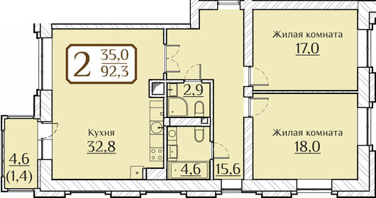 Квартира 95,5 м², 2-комнатная - изображение 1