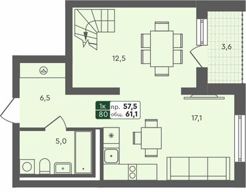 Квартира 61,1 м², 1-комнатная - изображение 1