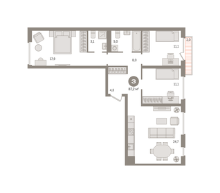 Квартира 87,2 м², 3-комнатная - изображение 1