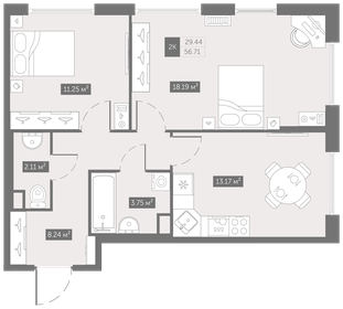 Квартира 56,7 м², 2-комнатная - изображение 1